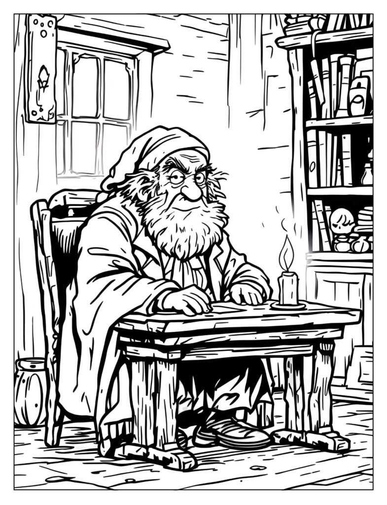 Stern, aging Ebenezer Scrooge bundled in his coat, sitting at his desk in the cold, dim Counting House.