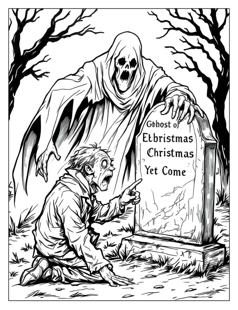 Terrified Scrooge kneeling beside a tombstone, with the hand of the Ghost of Christmas Yet to Come pointing to his name.