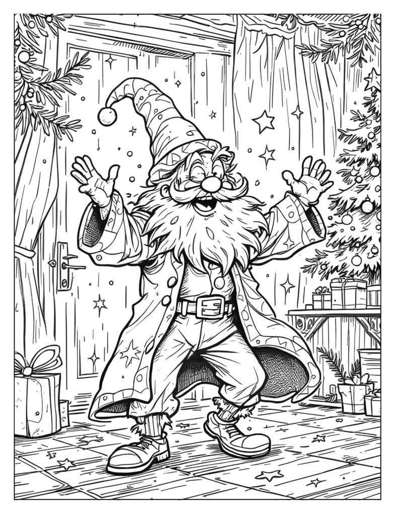 Redeemed Scrooge on Christmas morning, laughing heartily, wearing colorful, bright clothes, and dancing joyfully.
