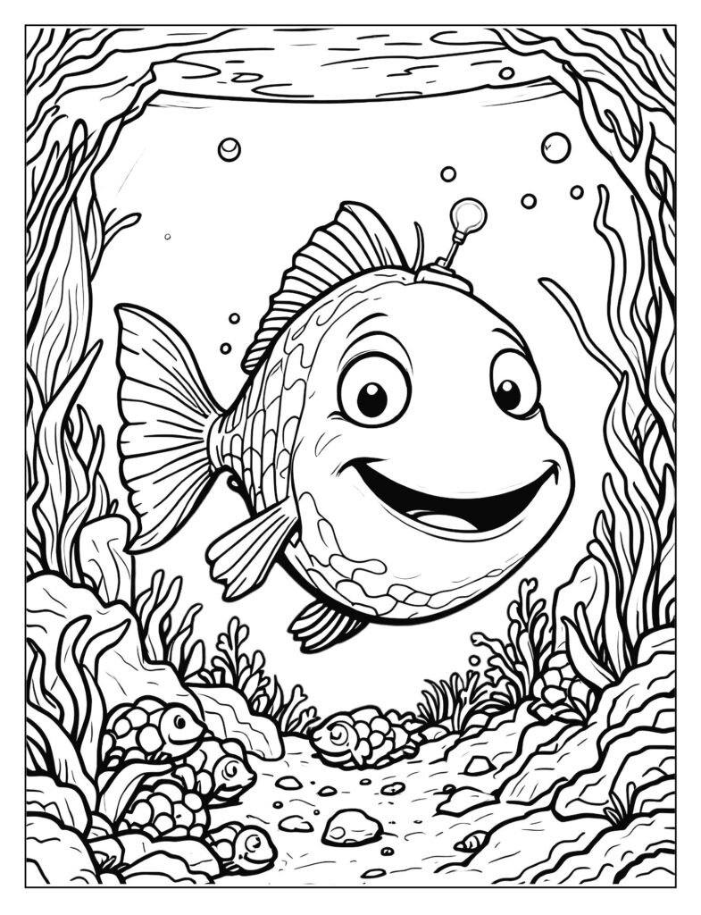 Highly detailed line art of a Deep Sea Angler Fish resting on the seabed, surrounded by deep ocean texture.