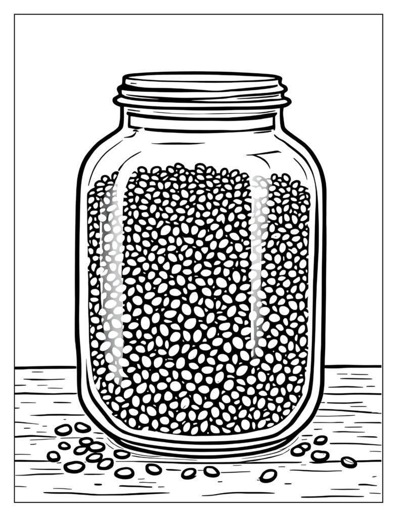 A glass jar filled with different kinds of seeds.
