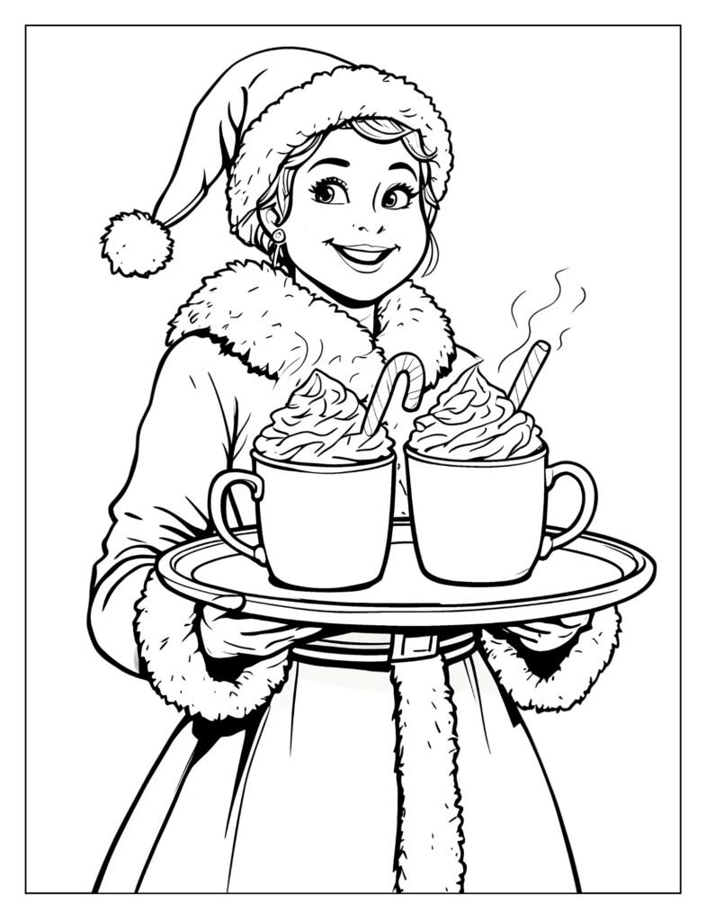 Mrs. Claus holding a large tray with two steaming mugs of hot cocoa topped with whipped cream and candy canes.