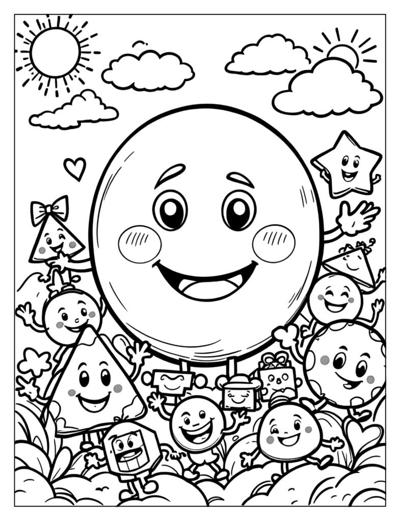 Different shapes with happy faces coloring page