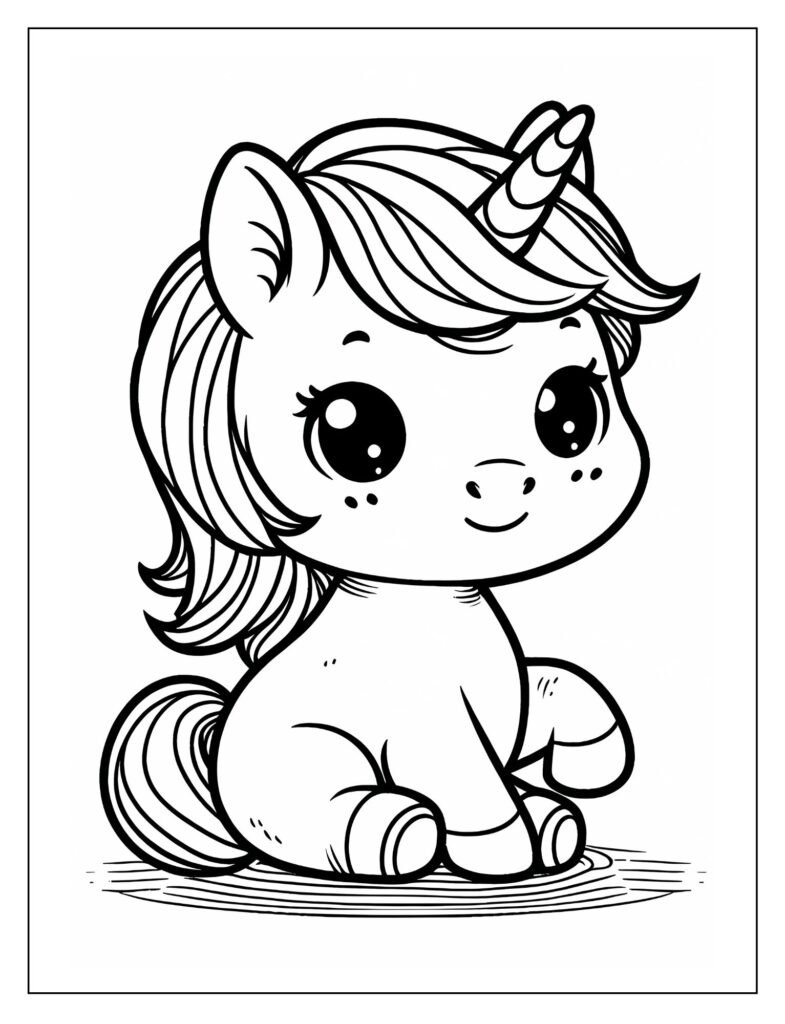 An outline drawing of a baby unicorn sharing its magic, perhaps through a gentle glow or a small magical effect, ready for coloring.
