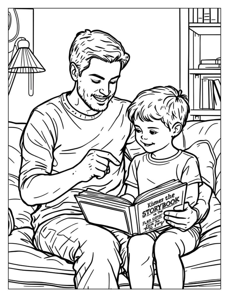 An adult and a child sitting side-by-side, sharing an open story book.
