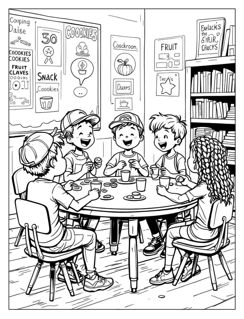 Diverse kids sharing their lunch and snacks at a table.