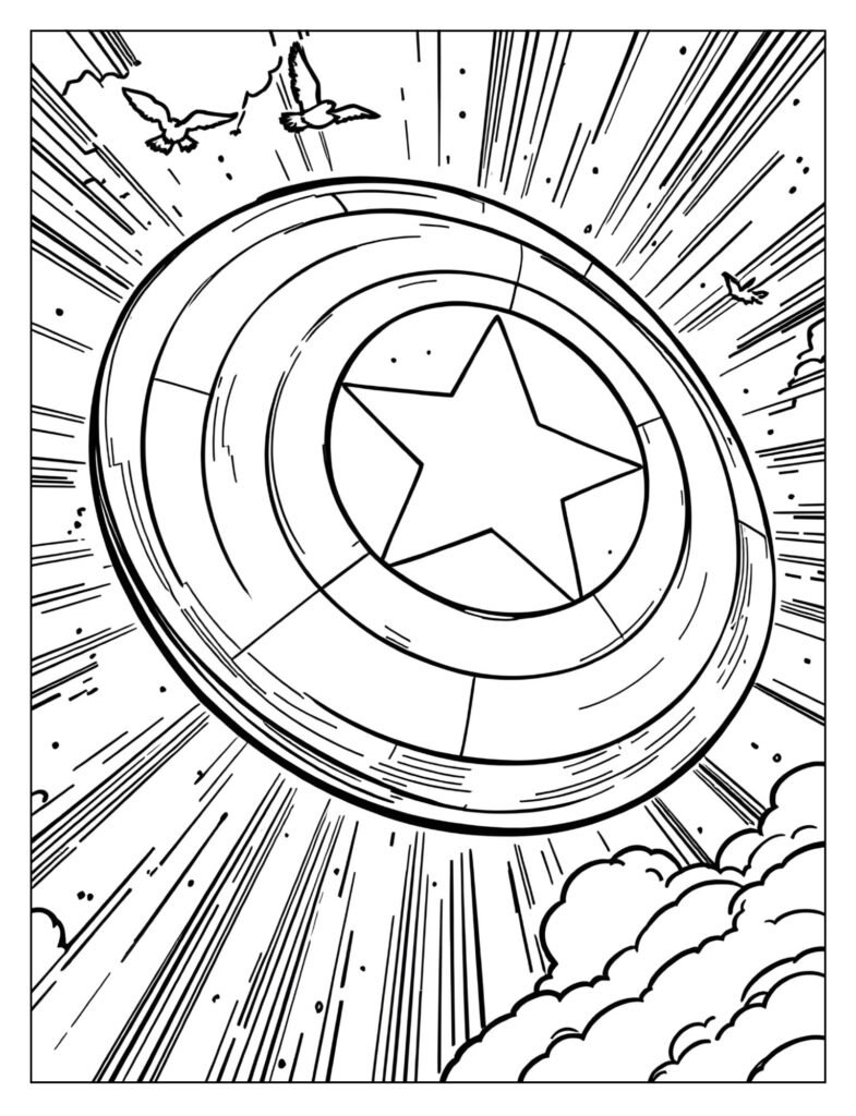 Captain America's shield spinning rapidly through the air with motion lines indicating high speed.