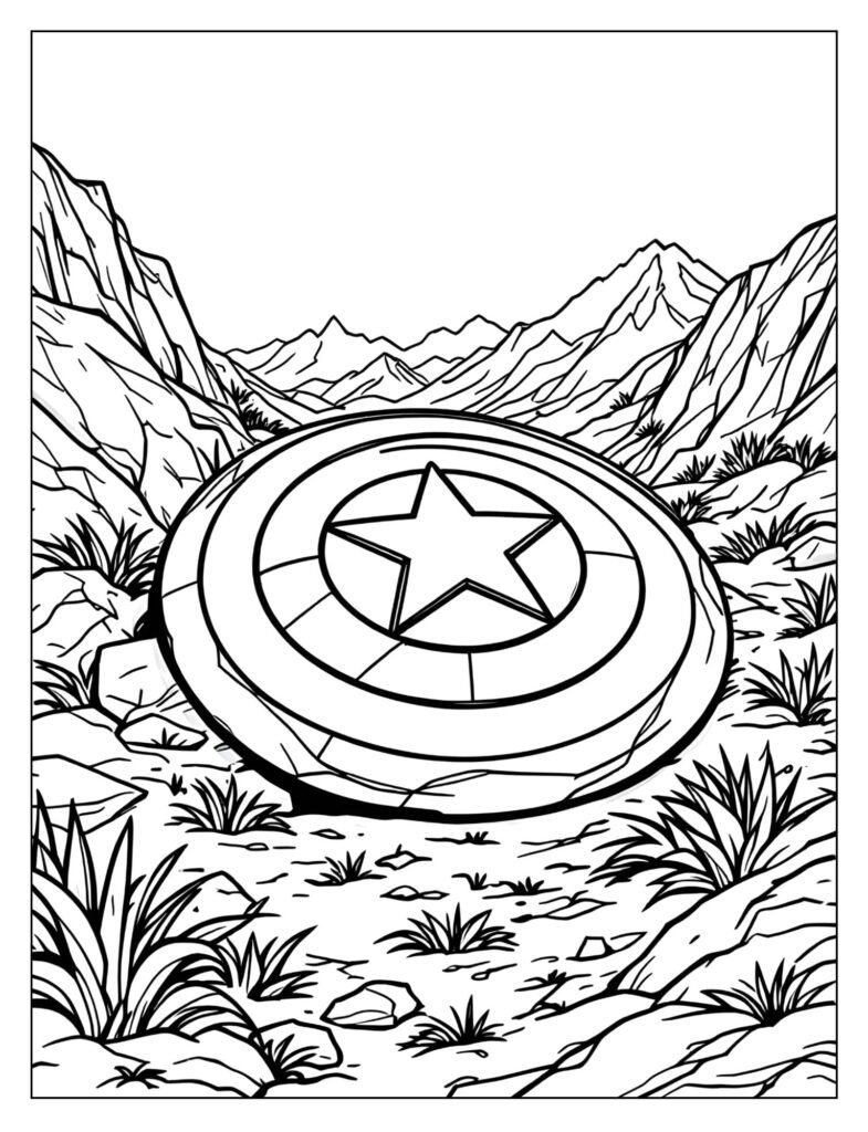 Captain America's shield lying on the ground next to the metallic Infinity Gauntlet.