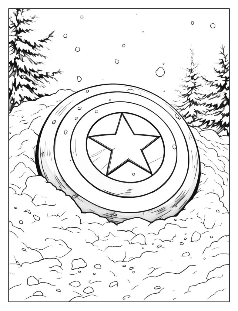 Captain America's shield half-buried in a pile of clean, fresh snow.