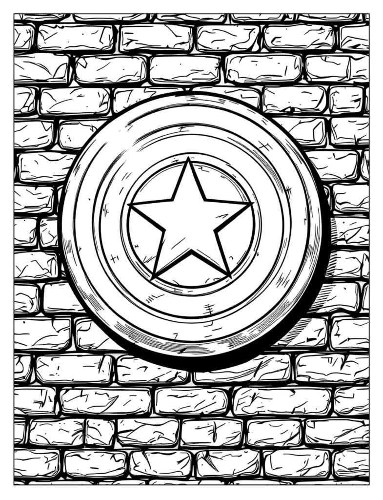 Captain America's shield hanging on a brick wall, showing subtle scratches and dents from battle.
