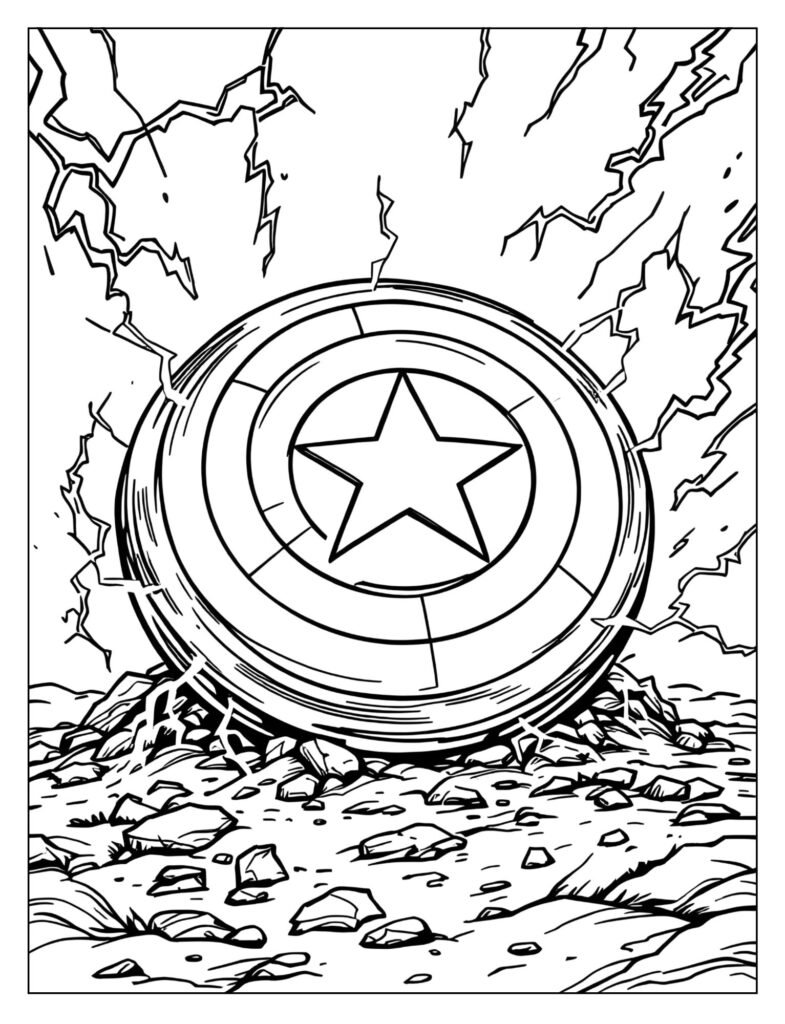 Captain America's shield sitting on the ground with bolts of electricity or lightning crackling around its edge.