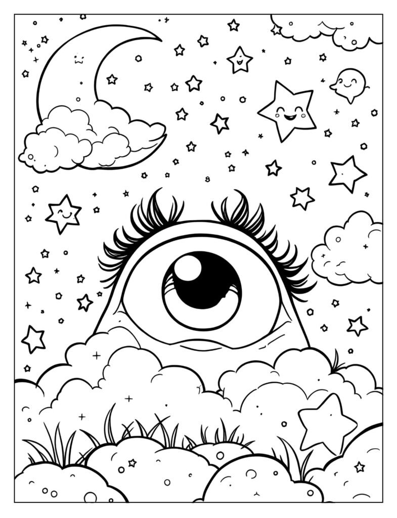 A big eye looking at a starlit night sky.

