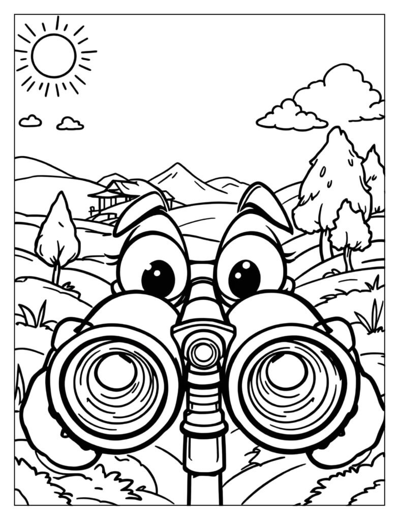 A pair of binoculars with eyes looking through them.