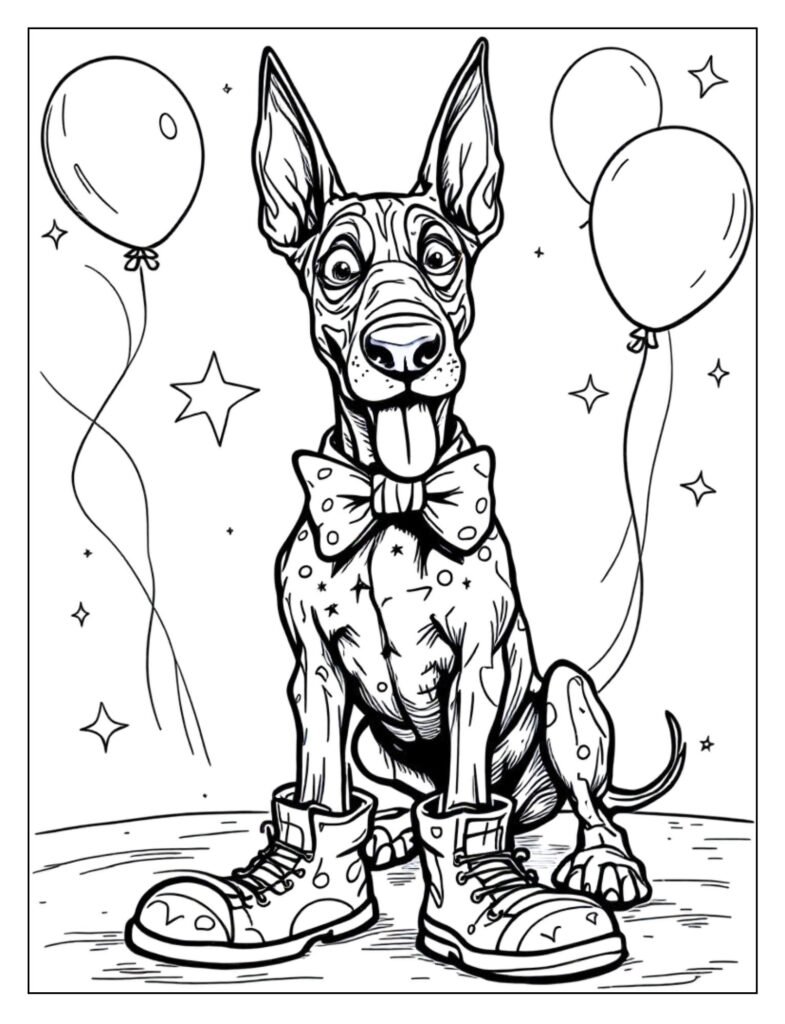 A Doberman making a funny or goofy face or pose.