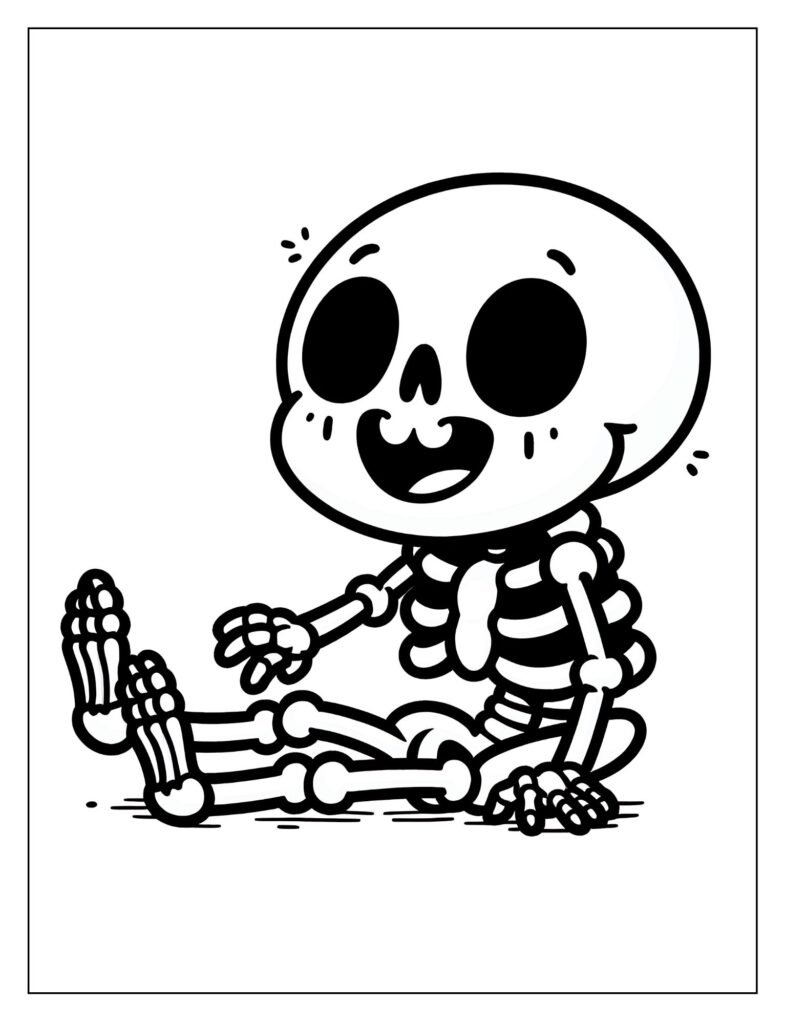 An outline drawing focusing on a skeleton's face with a wide, comical grin, ready for coloring.