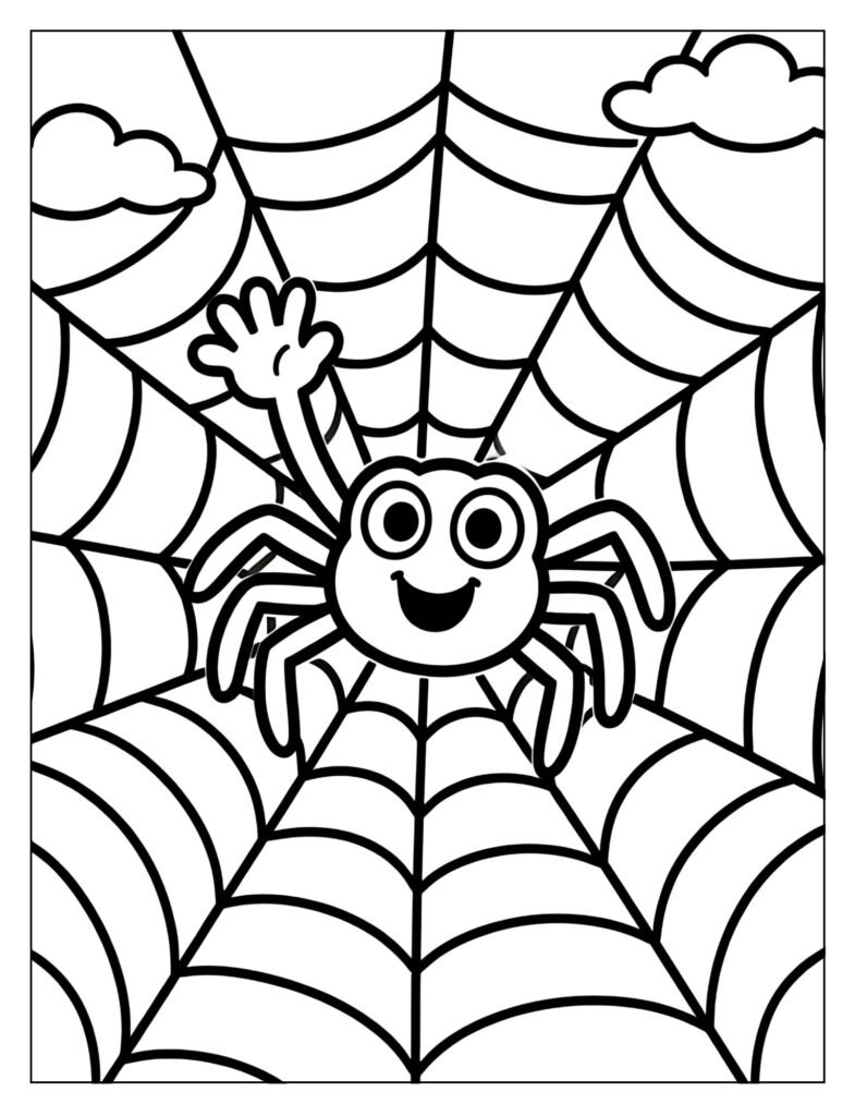 A spider waving from a silly spider web.