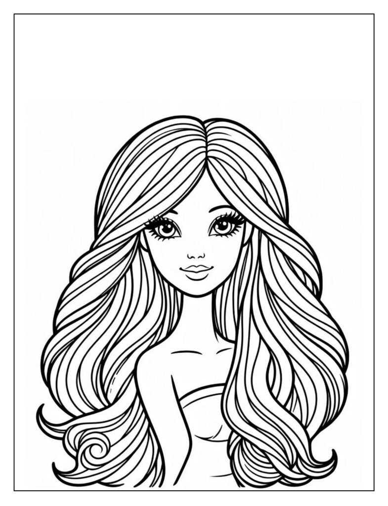 A simple, line art drawing of a Barbie doll, ideal for coloring pages and creative activities.