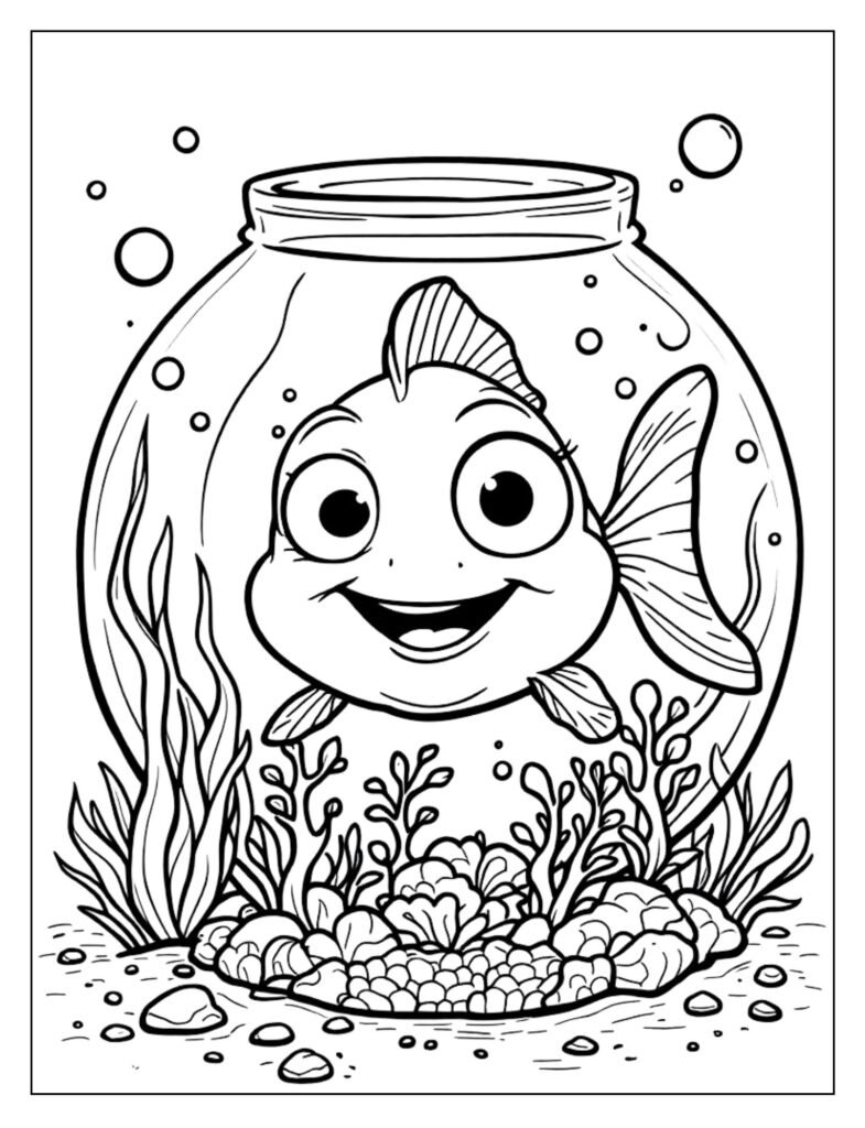 Very basic line art of a round simple fish tank or bowl with one or two basic fish.