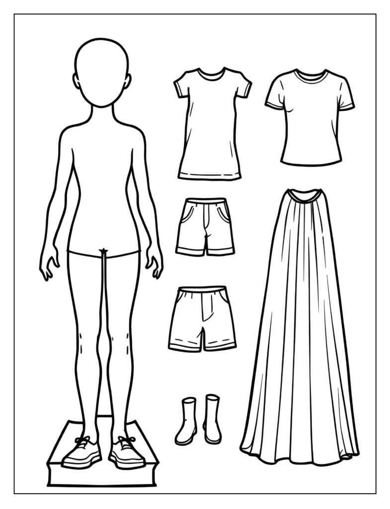 A simple paper doll with blank outfit outlines.