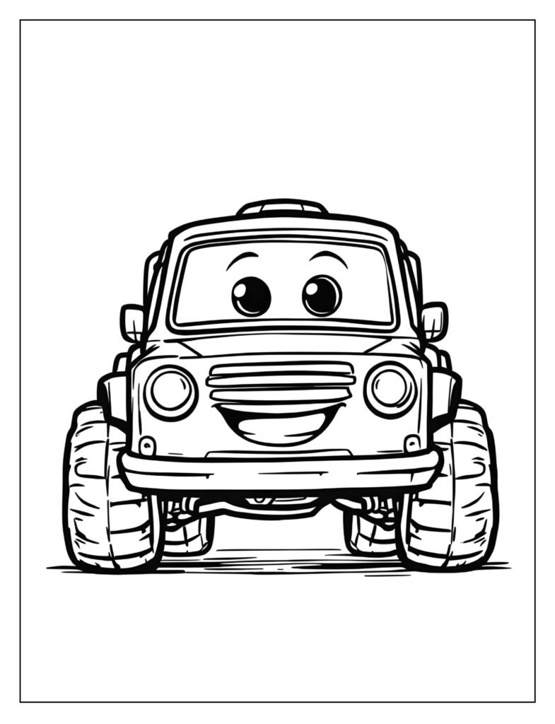 Very simplified, chunky drawing of an RC car with wide, bold lines and a friendly face on the windshield.
