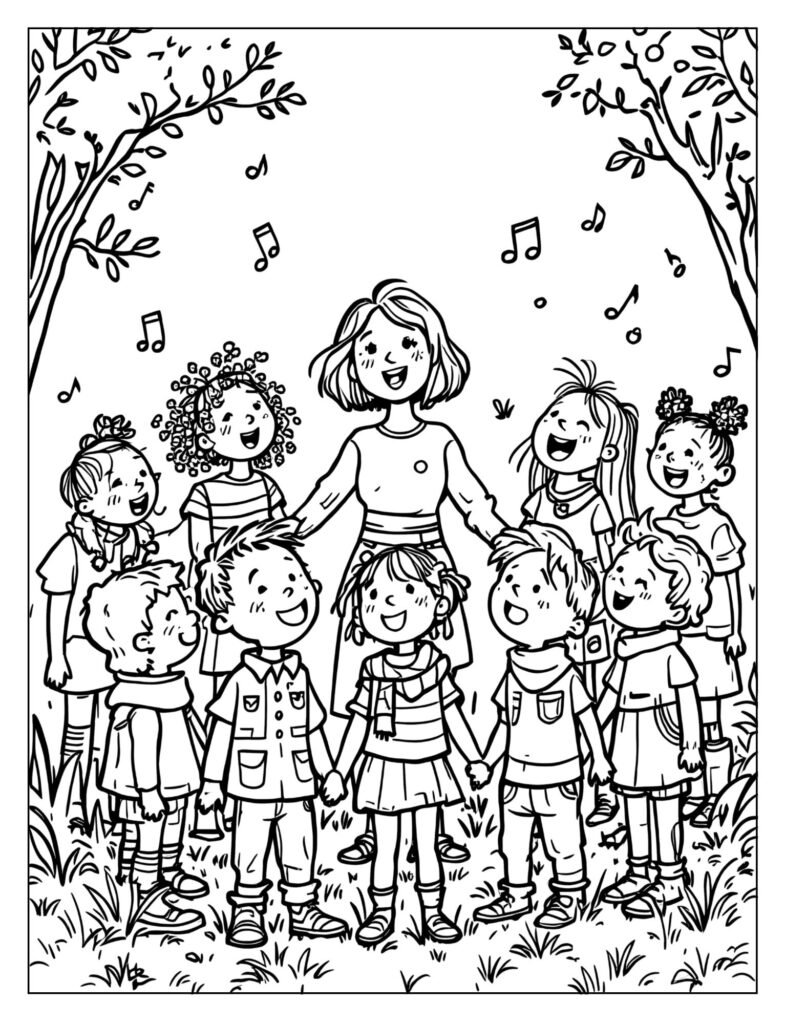 Students and teacher holding hands in a circle and singing.