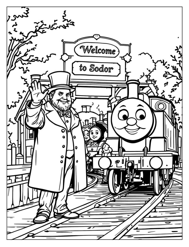 Sir Topham Hatt waving to Thomas and engines coloring page