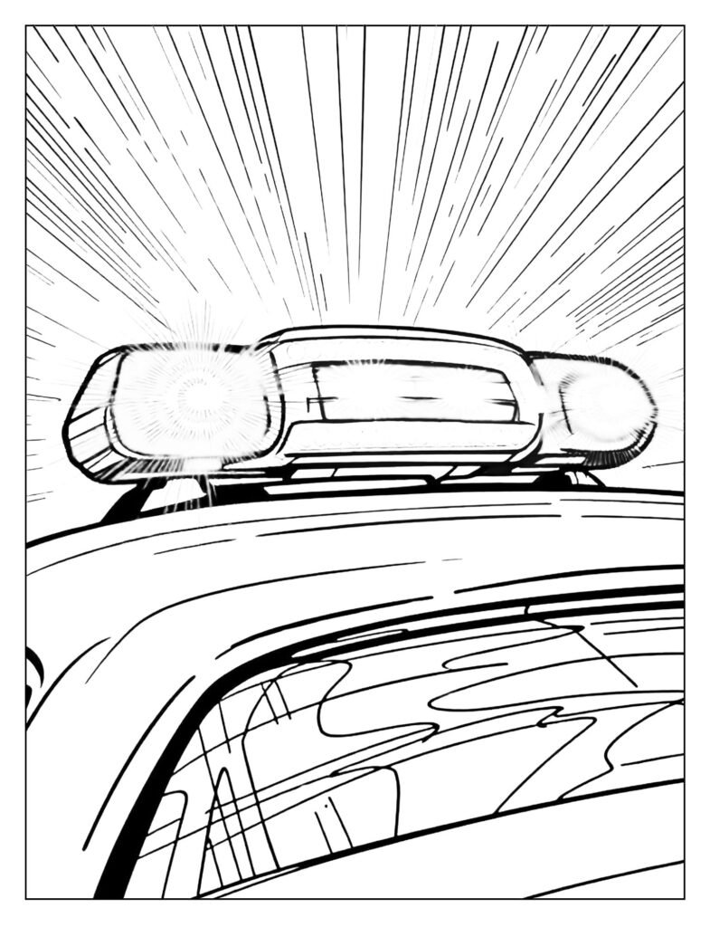 A close-up of a police car's light bar flashing red and blue with swirling sound lines.