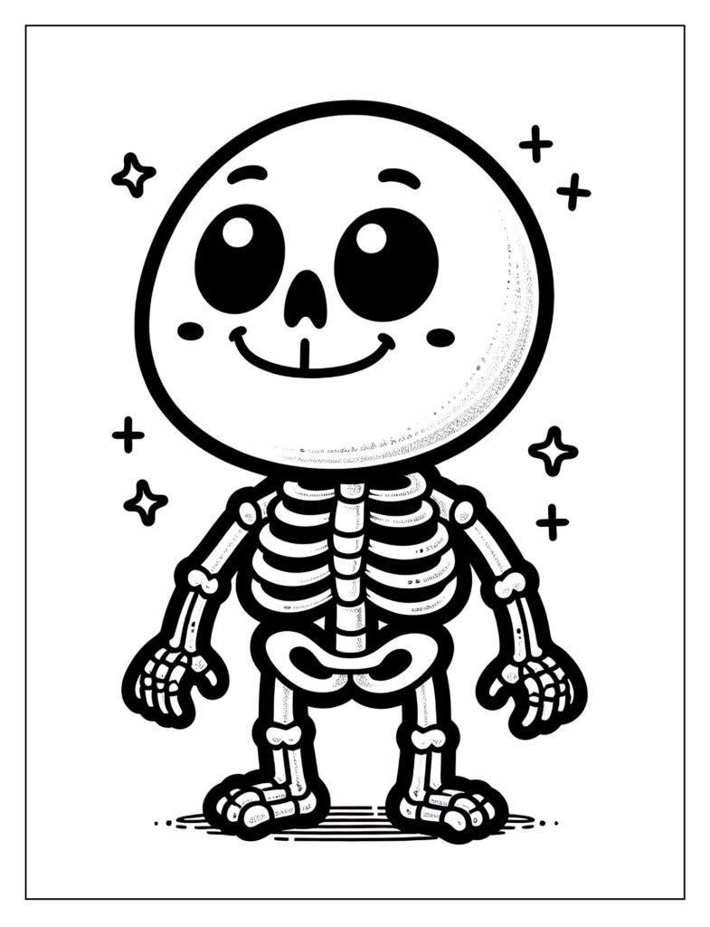 A line art drawing of a skeleton floating among stars and planets in outer space, ready for coloring.