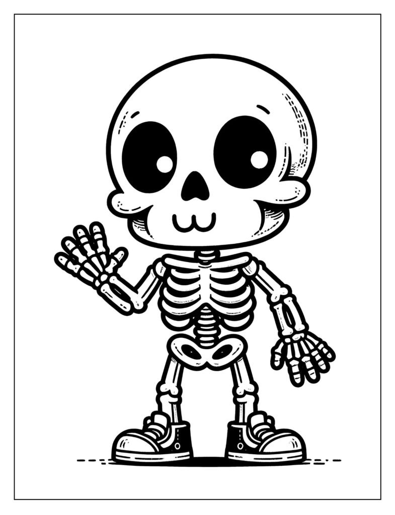 A line art drawing of a skeleton with an expressive, happy face, making a humorous gesture, ready for coloring.
