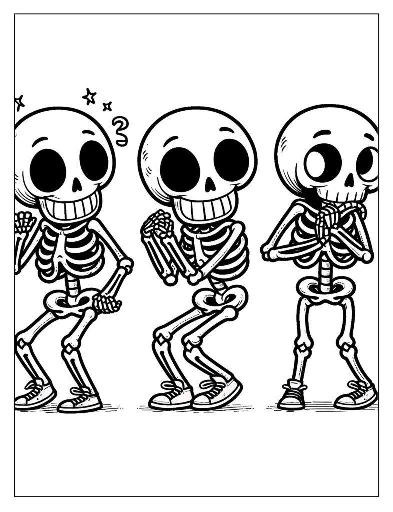 An outline drawing depicting a skeleton dancing under a crescent moon or stars, ready for coloring.