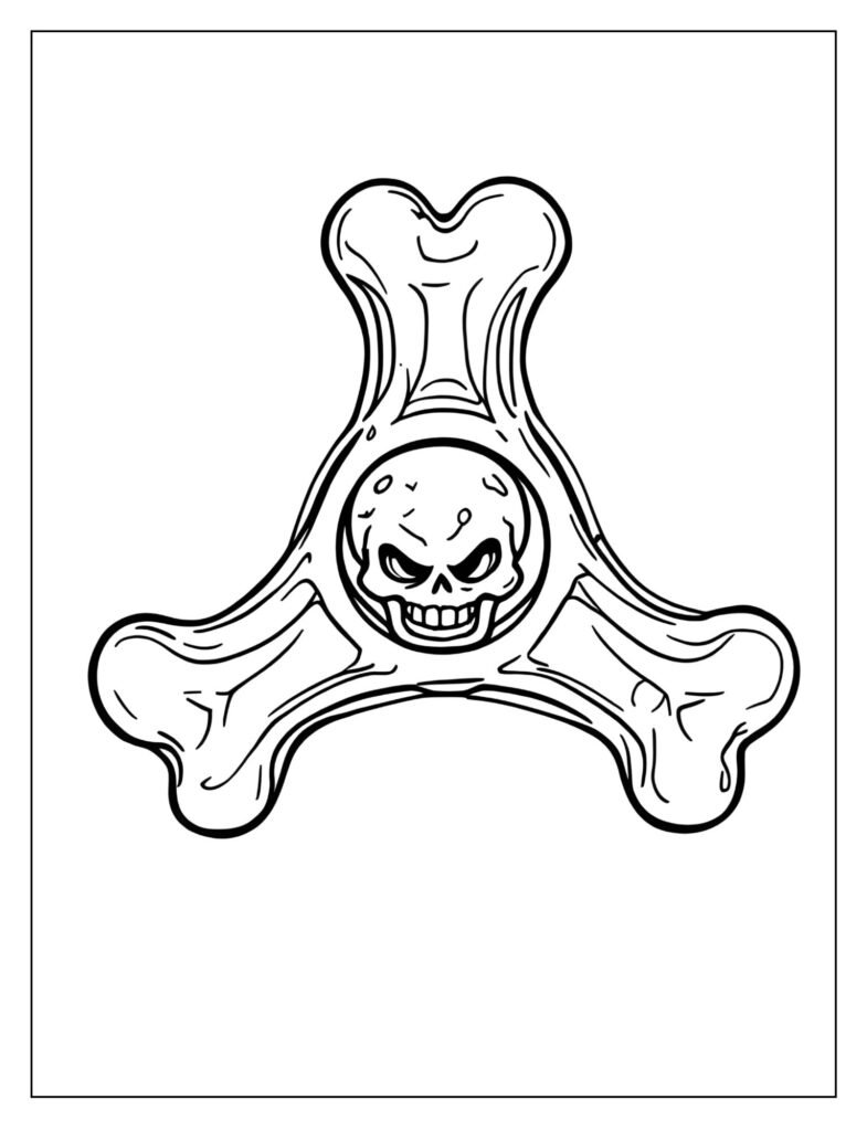 Fidget spinner where the arms are shaped like stylized bones with a small skull design in the center.