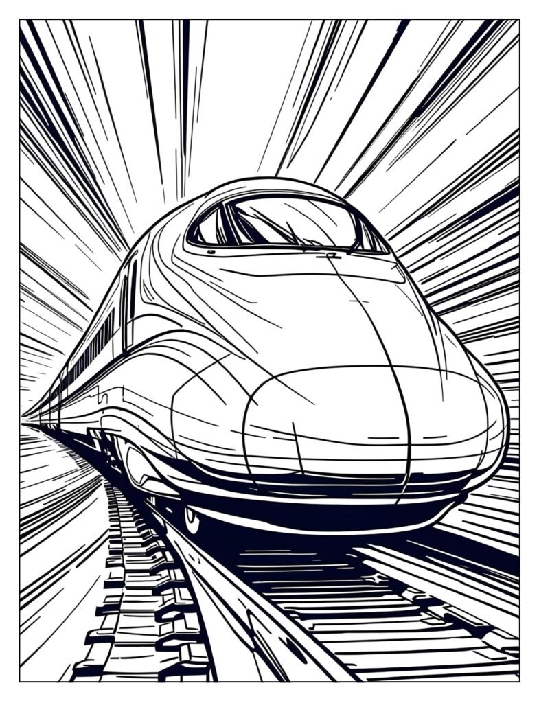 Close-up view of the long, pointed, aerodynamic nose cone of a bullet train.
