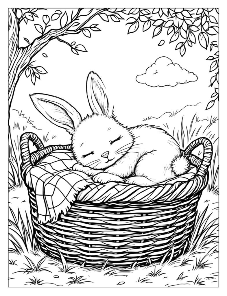 A fluffy bunny sleeping soundly in a basket.