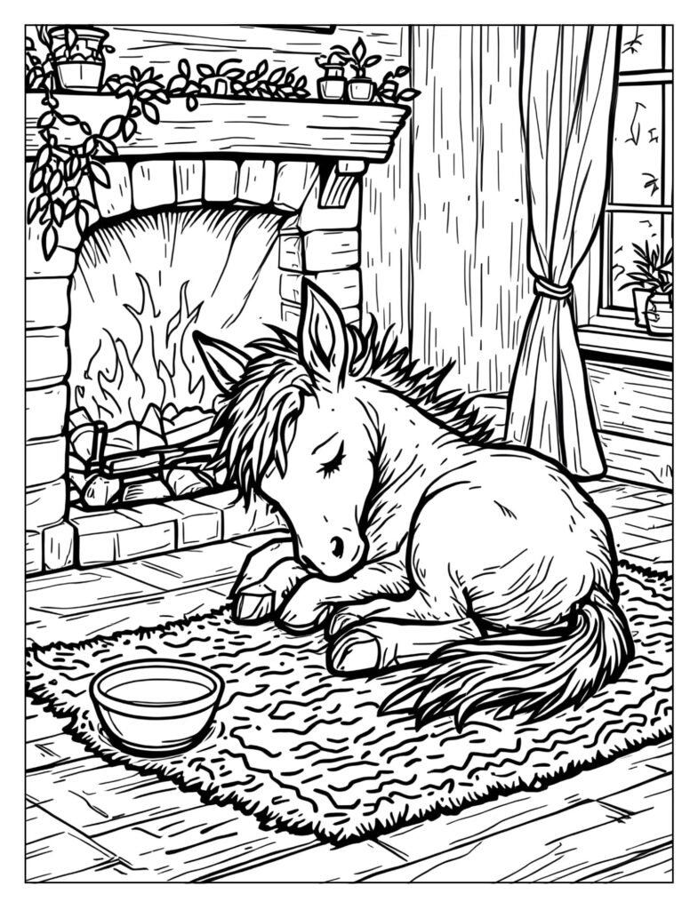 A small, sleepy foal curled up next to a glowing fireplace inside a cozy room.
