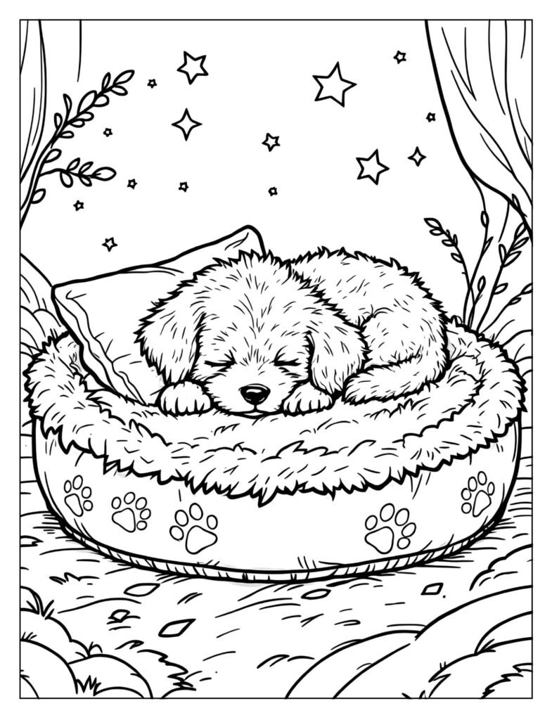Peaceful puppy sleeping in a cozy bed coloring page