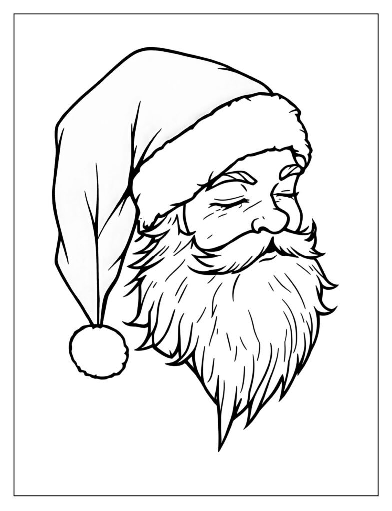 Quiet drawing of Santa's head, eyes closed, with his hat pulled slightly down over his forehead, taking a nap.