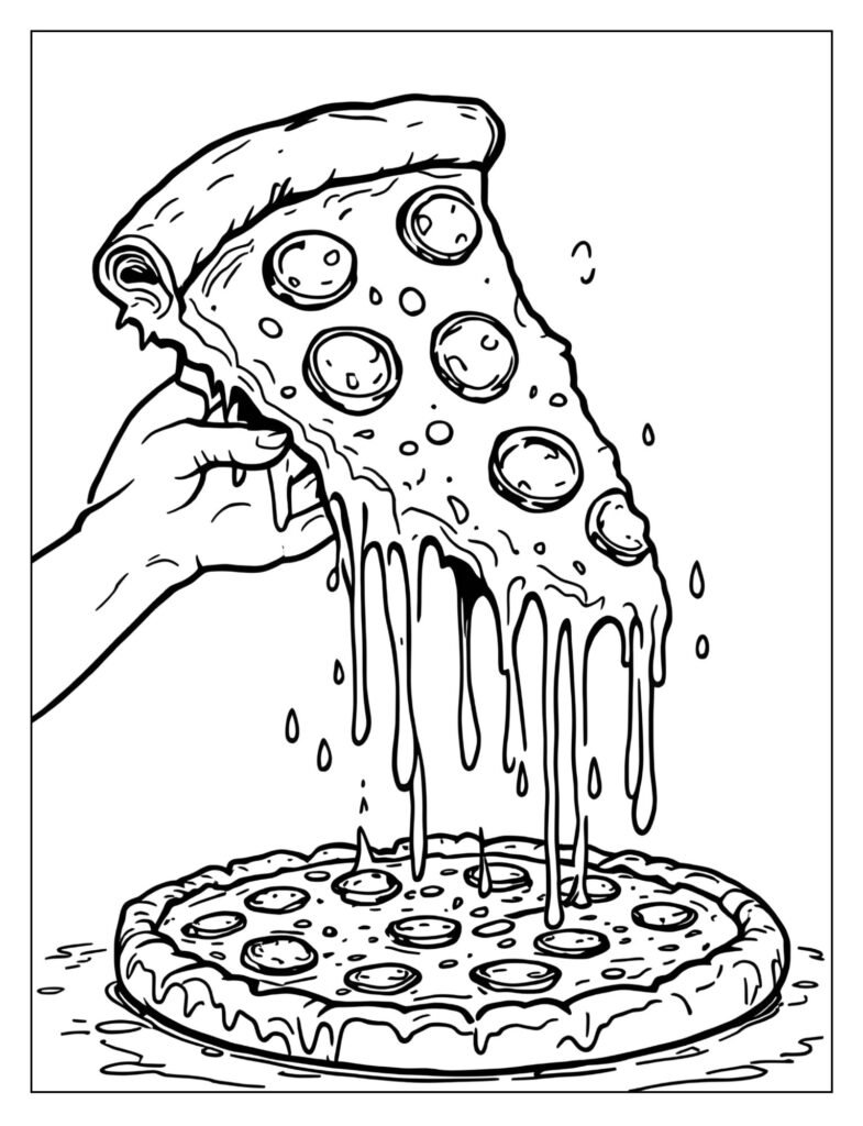 A slice of pepperoni pizza being held up, with melted cheese stretching and dripping down.