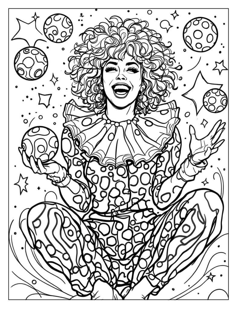 Katy Perry as a clown juggling circus balls.