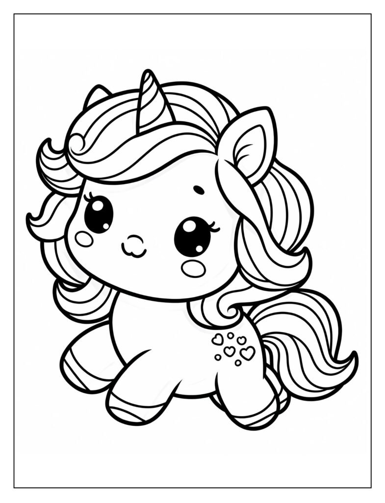 An outline drawing of a baby unicorn with a joyful, blissful smile, ready for coloring.