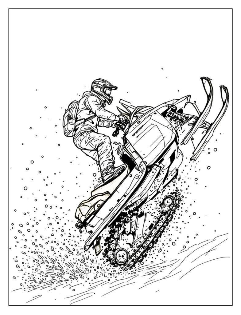 Snowmobile performing a freestyle trick like a "wheelie" or a "stand-up," with the rider's balance clearly shown.