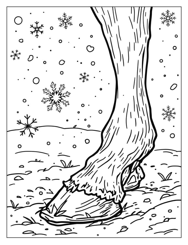Close-up of a horse's leg and hoof standing in the snow with large, intricate snowflakes falling around it.