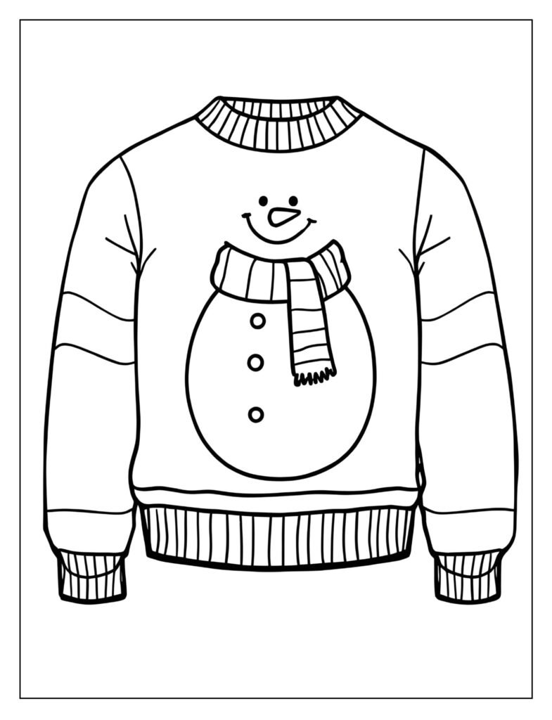 Sweater with a large, smiling Snowman applique in the center, complete with a carrot nose, button eyes, and a patterned scarf.
