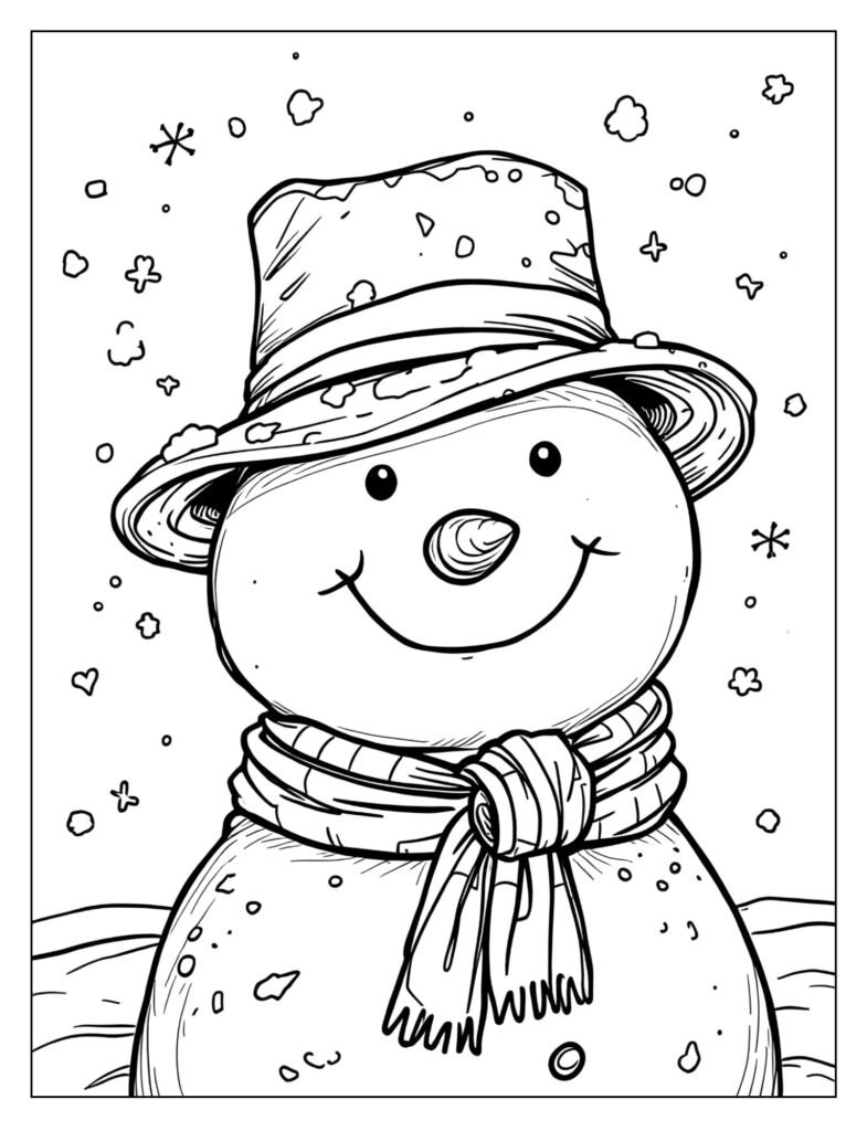 A slightly worn felt fedora hat with a ribbon, resting on a snowman's head.