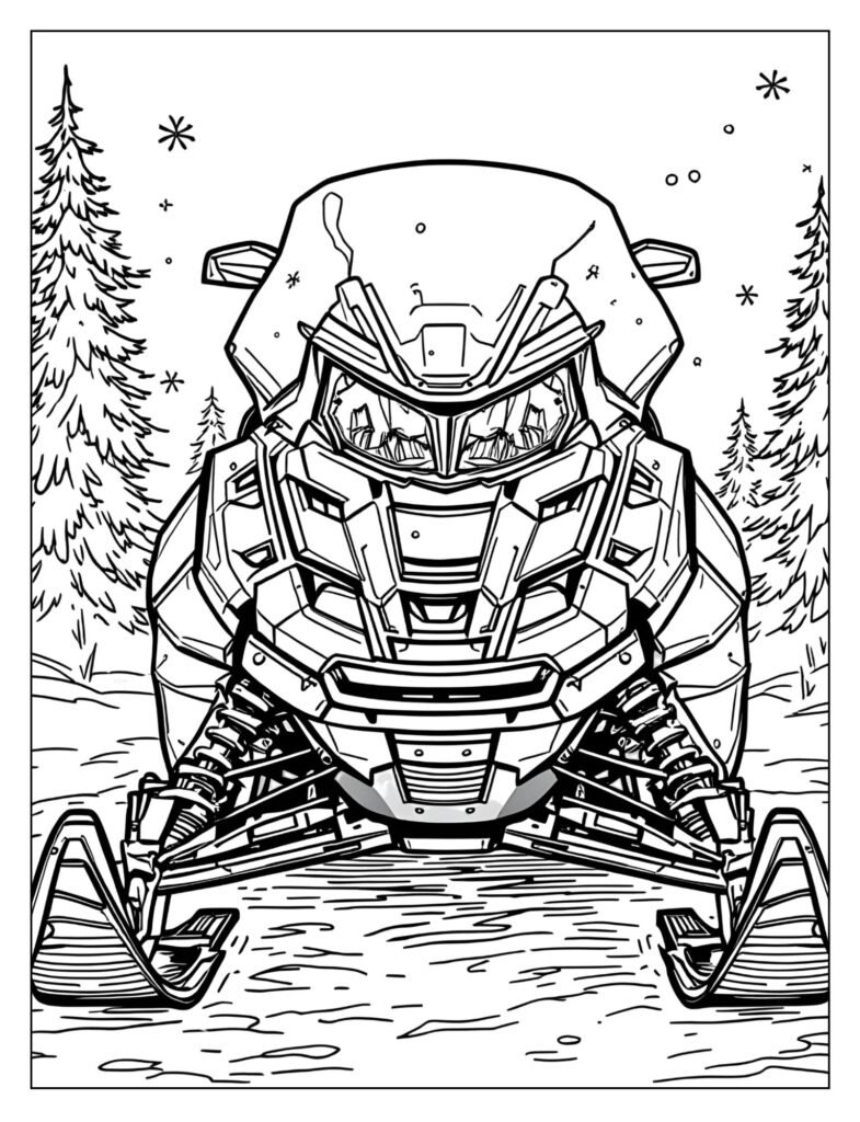 Close-up, front view of a snowmobile, focusing on its bright headlights and taillights with simple glow lines around them.