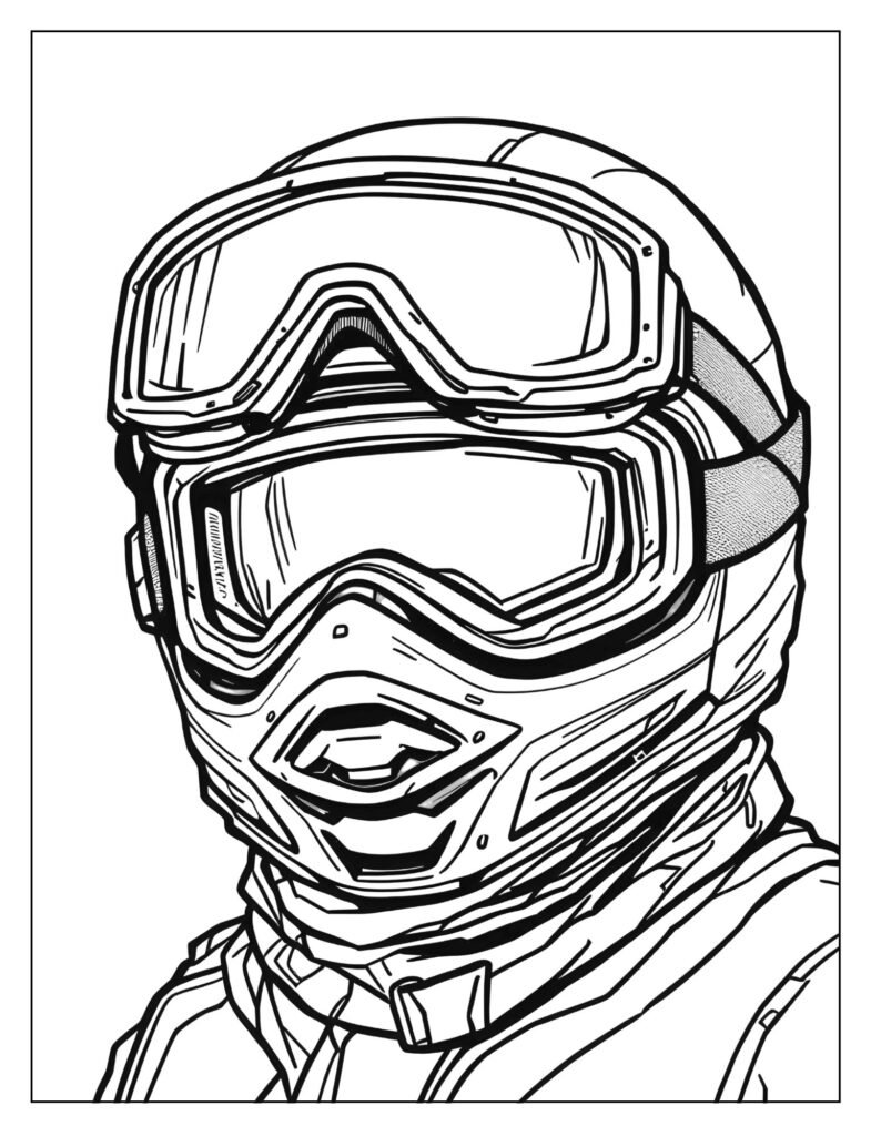 Detailed drawing of a snowmobile helmet with a clear or tinted visor, and a pair of large, specialized goggles resting on top.