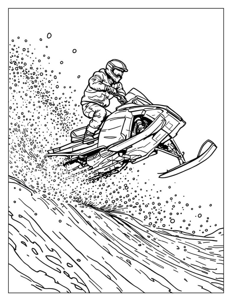 Snowmobile mid-air, having launched off a snow ramp, with the rider visible and snow scattering below.