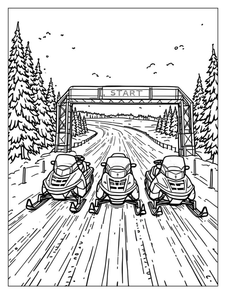 Three snowmobiles lined up at a starting gate on a wide, snowy track, ready for a race.