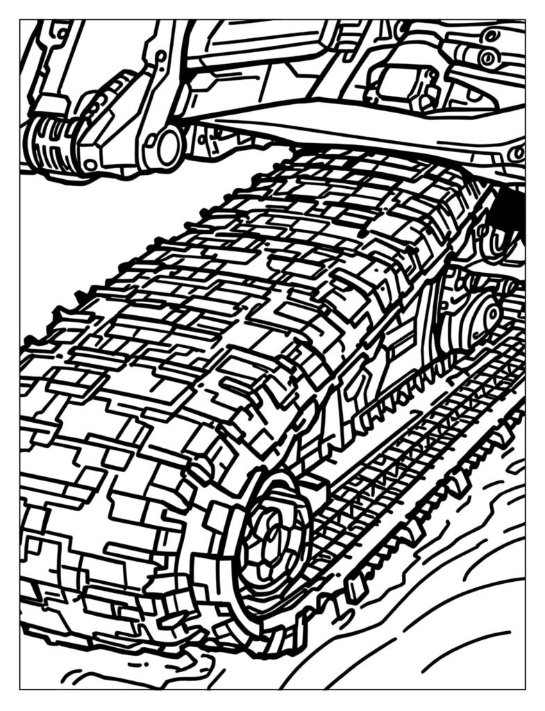 Close-up drawing focusing only on the wide, rubber track system underneath a snowmobile, showing the intricate lugs and mechanical components.