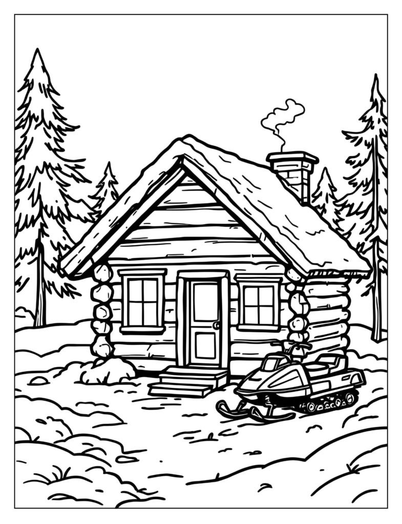 Snowmobile parked outside a cozy, rustic log cabin in a snowy landscape, with smoke curling from the chimney.