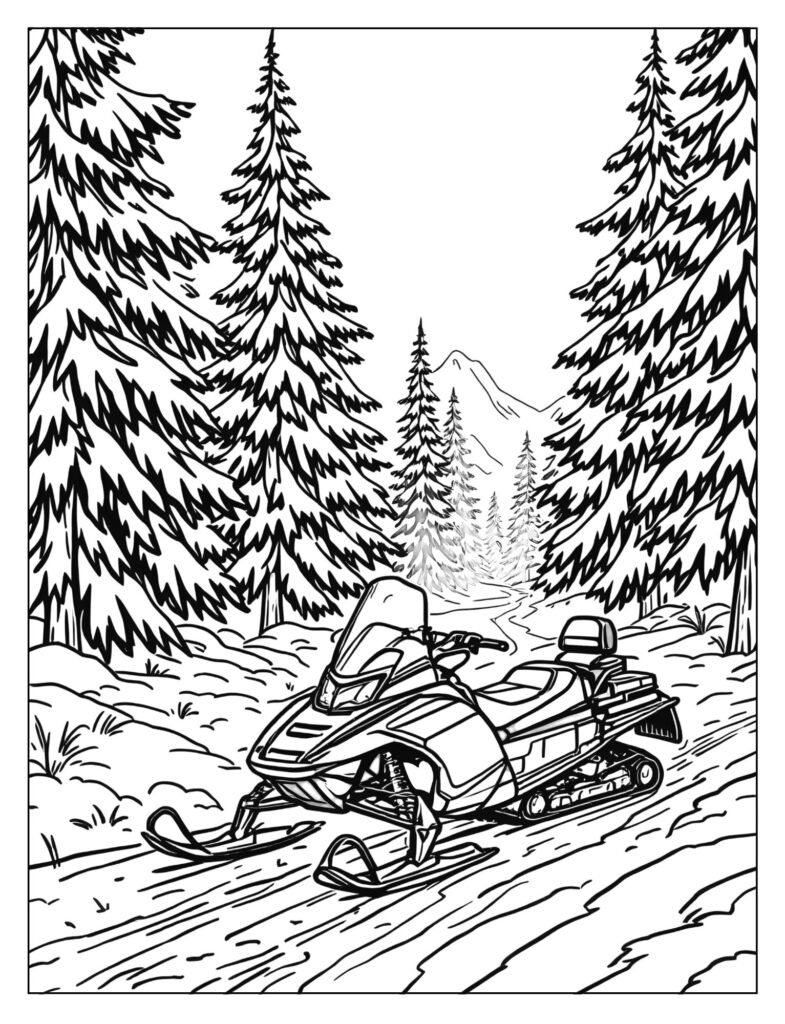 Snowmobile parked quietly on a snow-covered trail in a serene pine forest with tall trees dusted with snow.